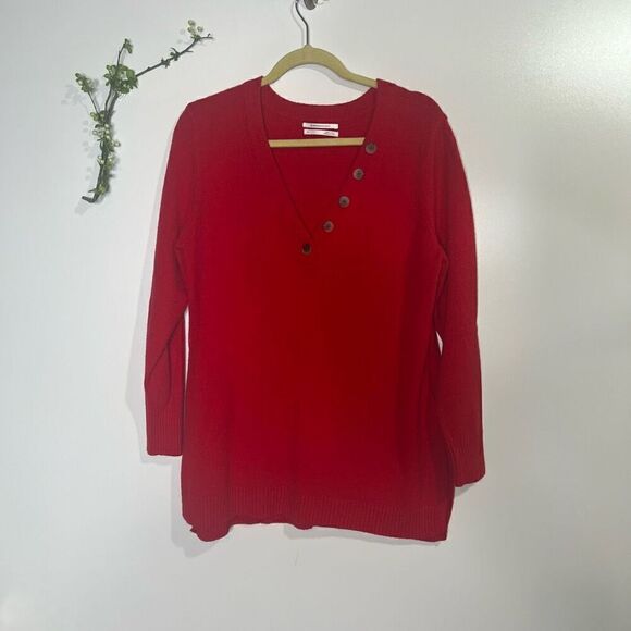 Anthropologie Sweaters - Anthropologie Red V-neck Sweater Button Detail Medium Tunic Length